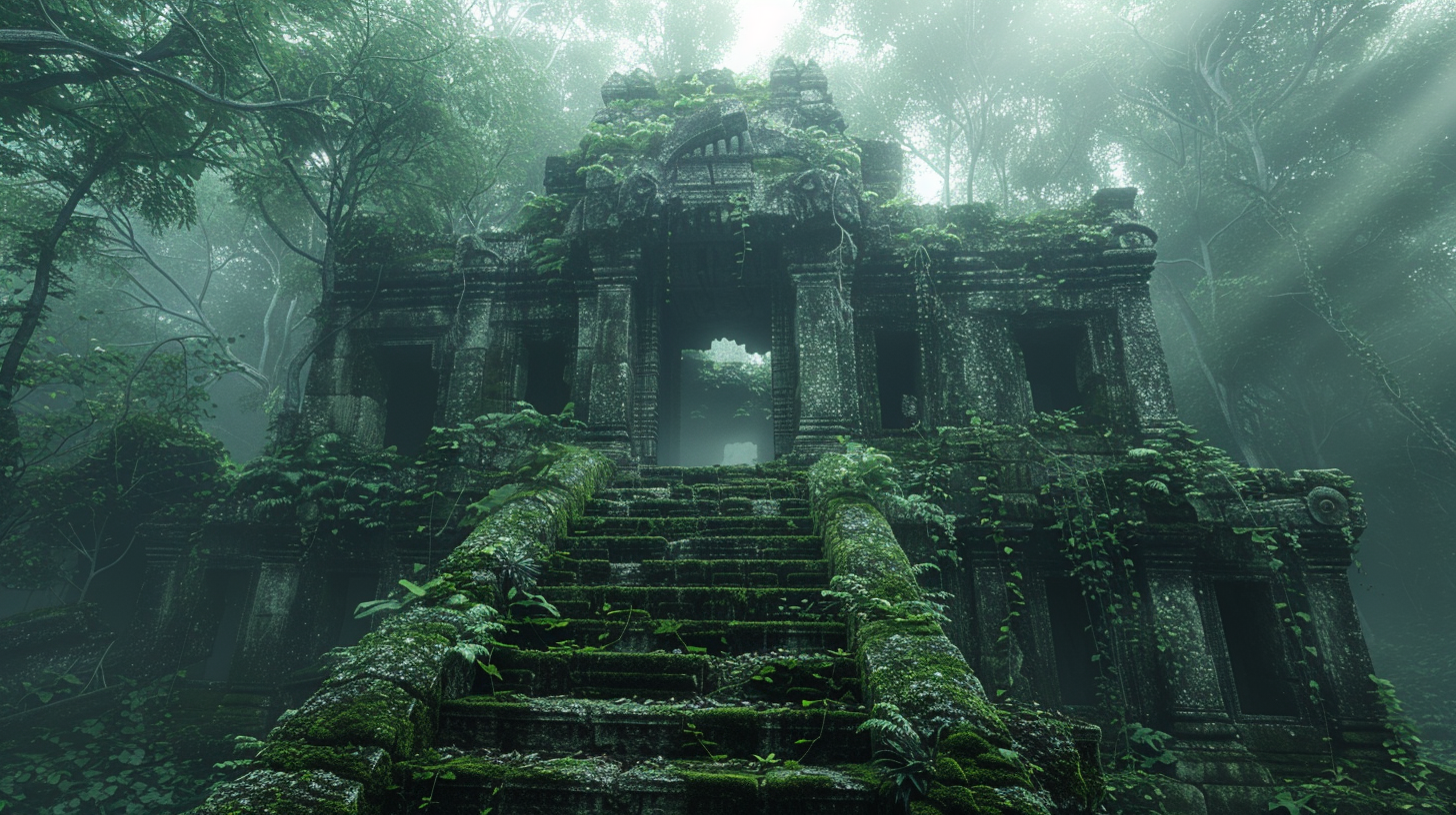 Ancient temple in forest with broken statues, mist rising.