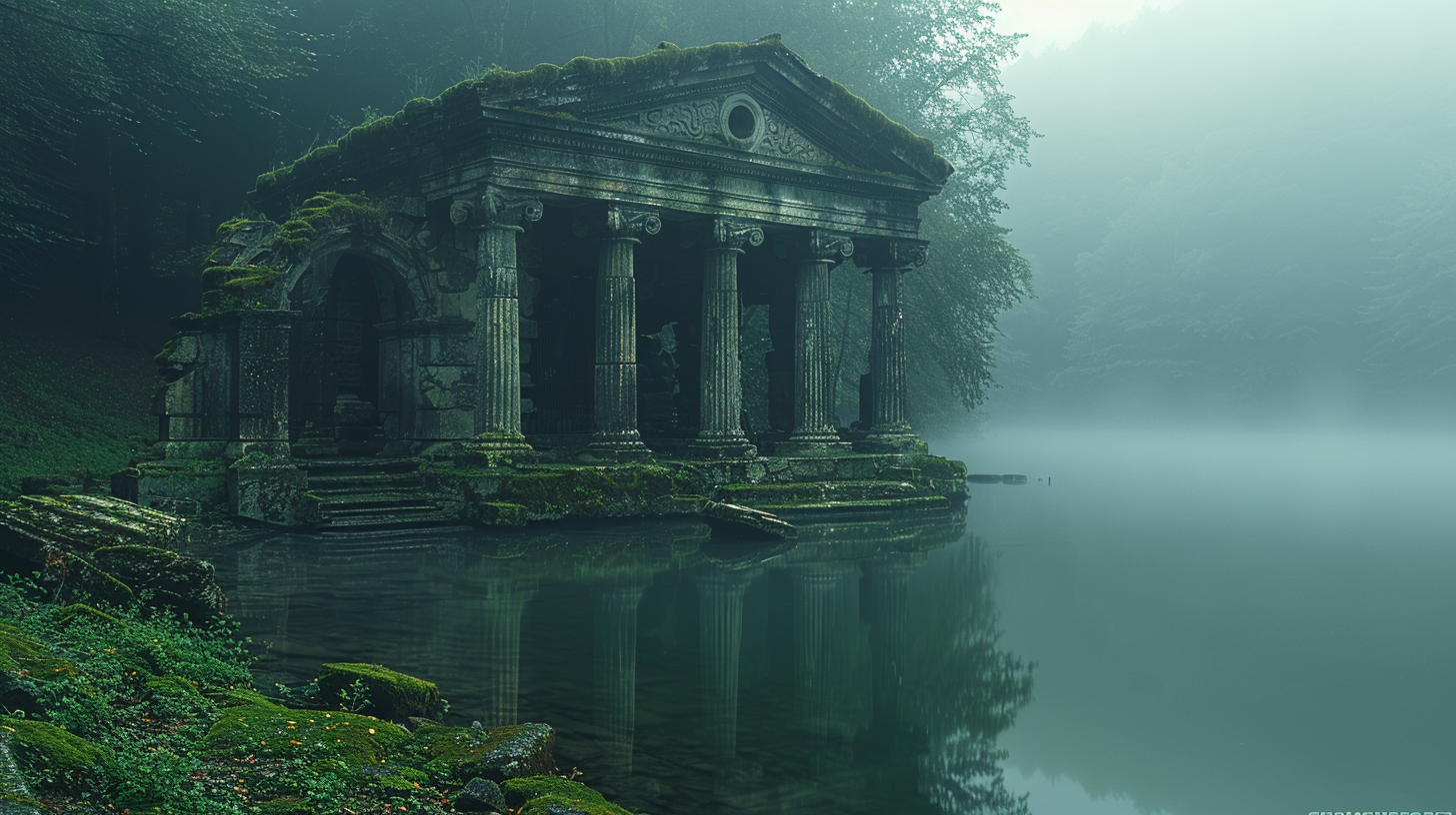 Ancient temple on forest lake, covered in moss.