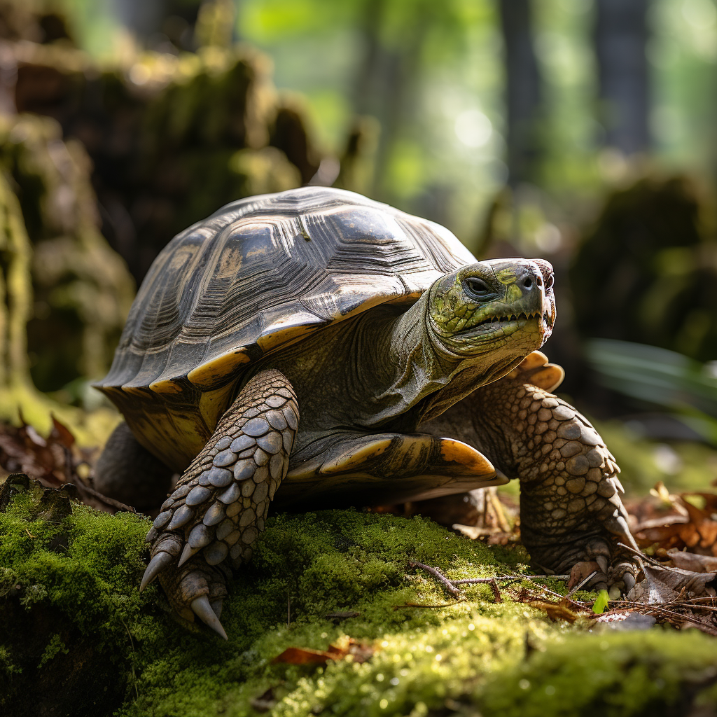 Ancient tortoise crawling through serene green forest.