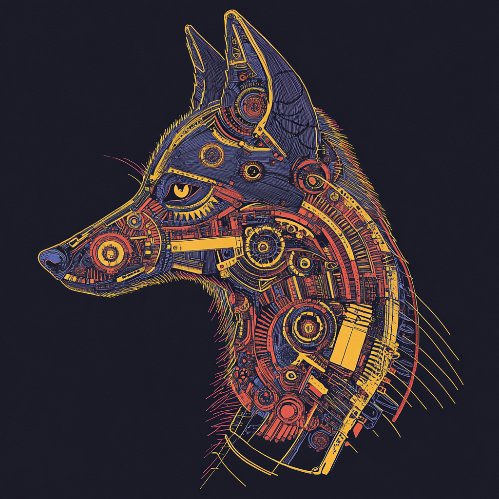 Ancient wolf head profile with colorful mechanical parts