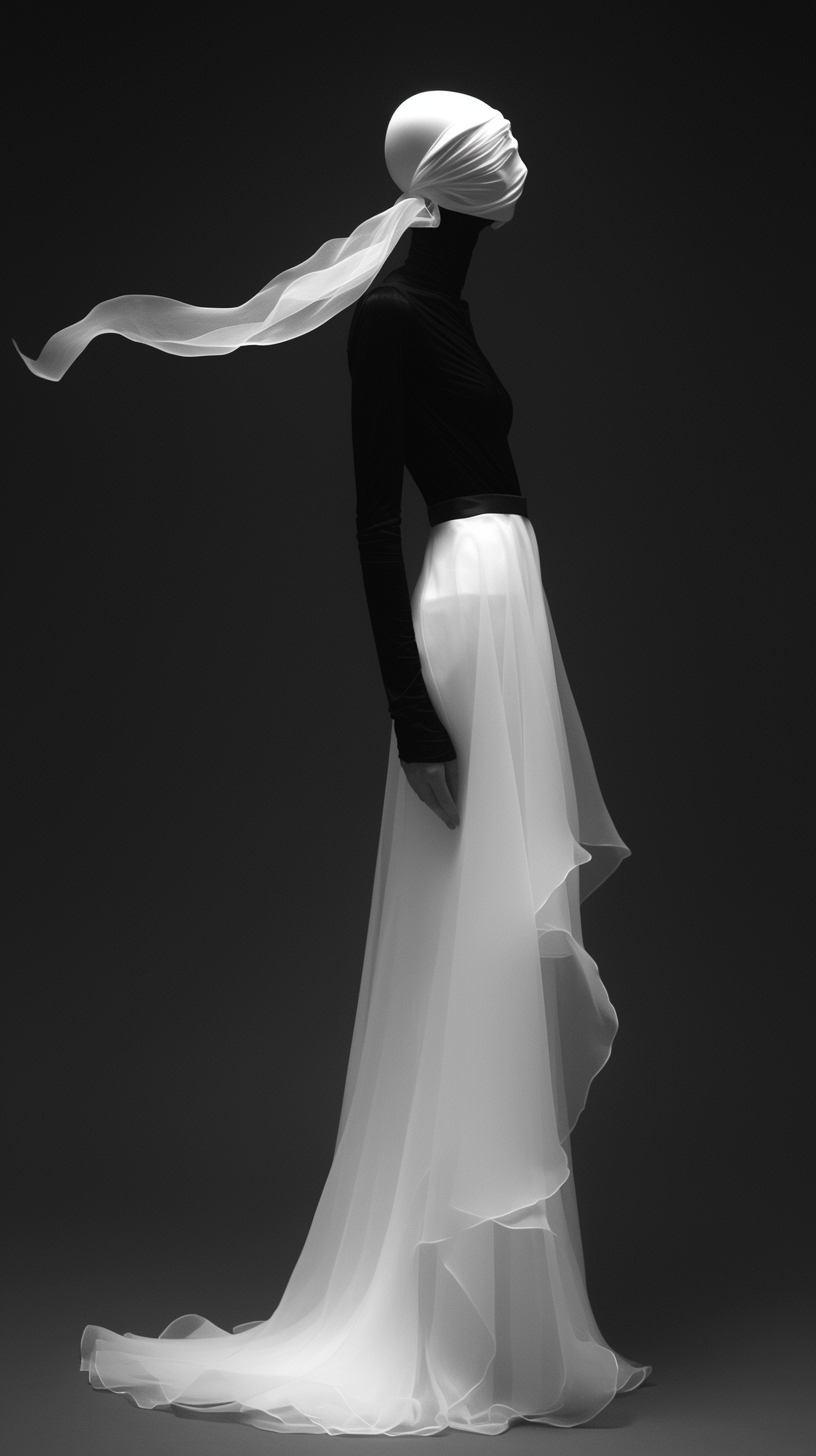 Androgynous woman in minimalist wedding dress, dramatic pose.