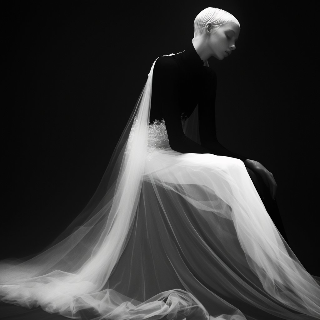 Androgynous woman in minimalist wedding dress, striking studio portrait.