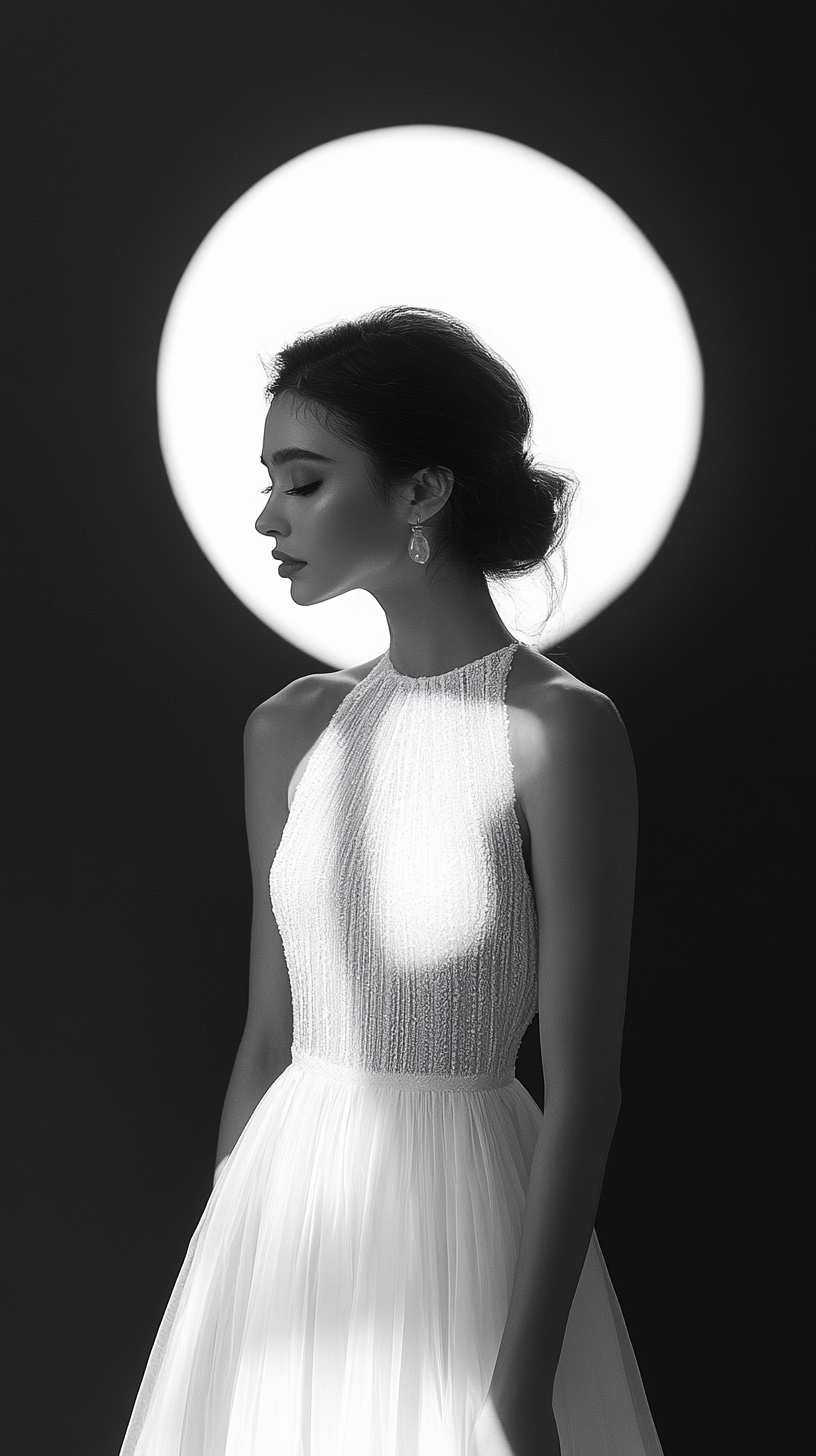 Androgynous woman in minimalist wedding dress on studio background.