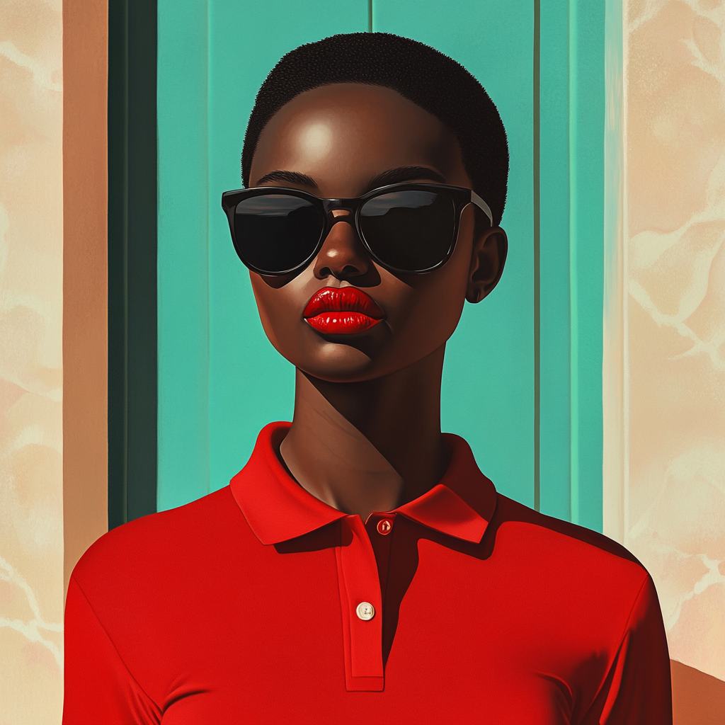 Androgynous woman in red shirt, sunglasses, vibrant portrait