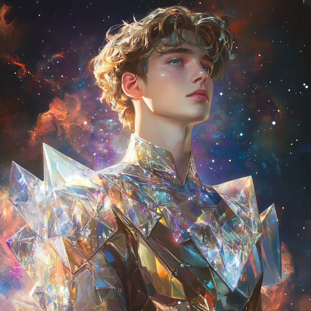 Androgynous young man in futuristic crystal outfit, galaxy backdrop.