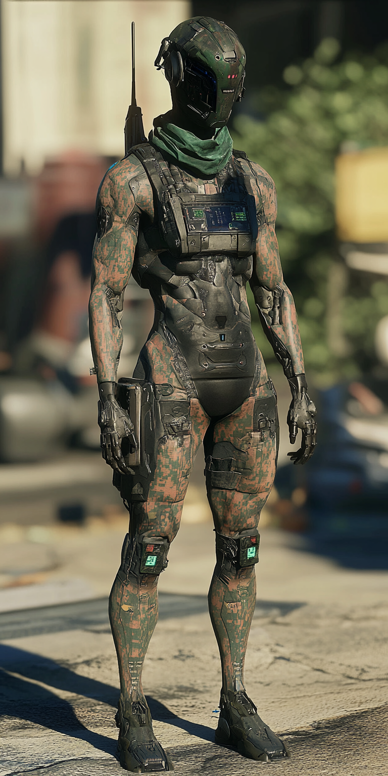 Android gang member with camo skin and sensors in city.