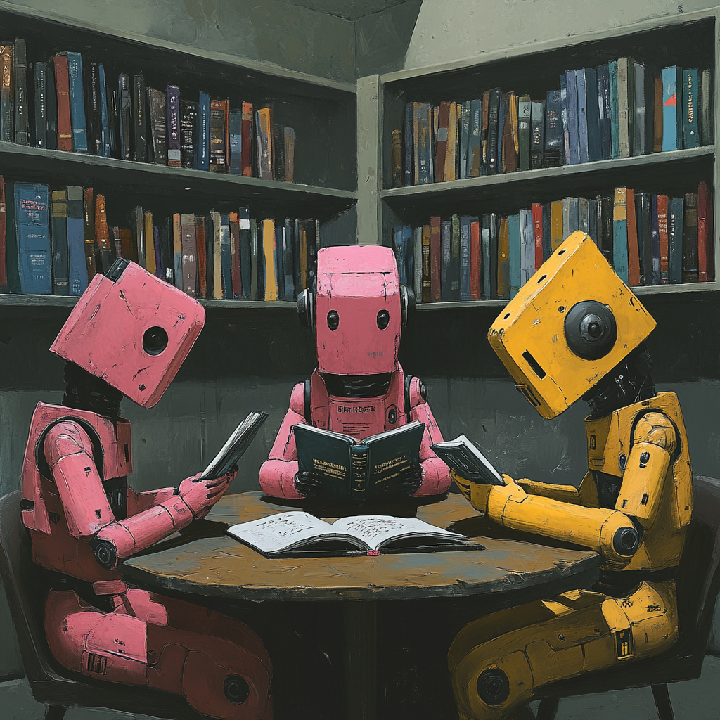 Androids at triangular table with AI-related books.