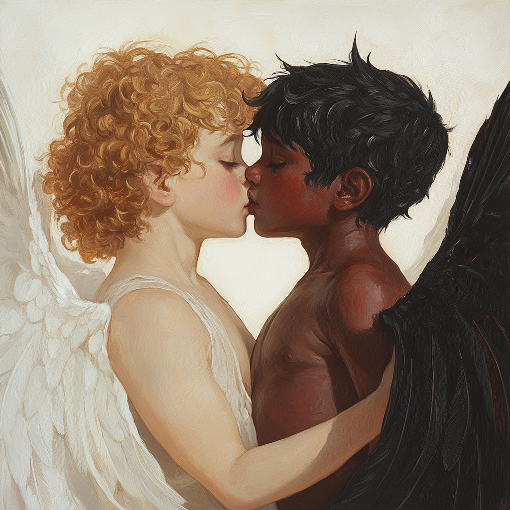 Angel and dark cupid kiss in painting light.