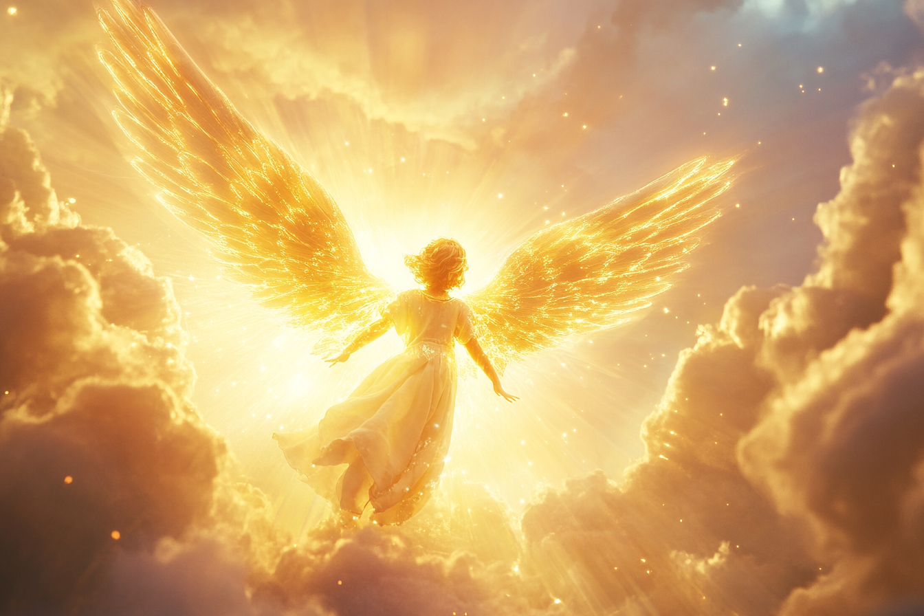 Angel awakening child with beams of pure light energy.