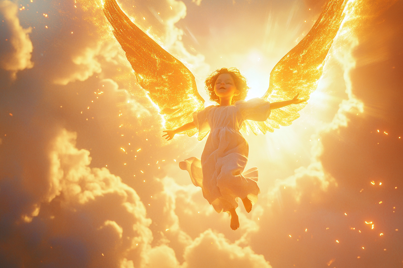 Angel guides child to inner light with radiant beams.