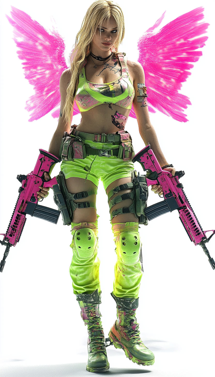 Angel holding ak-47s in vibrant 3d environment.