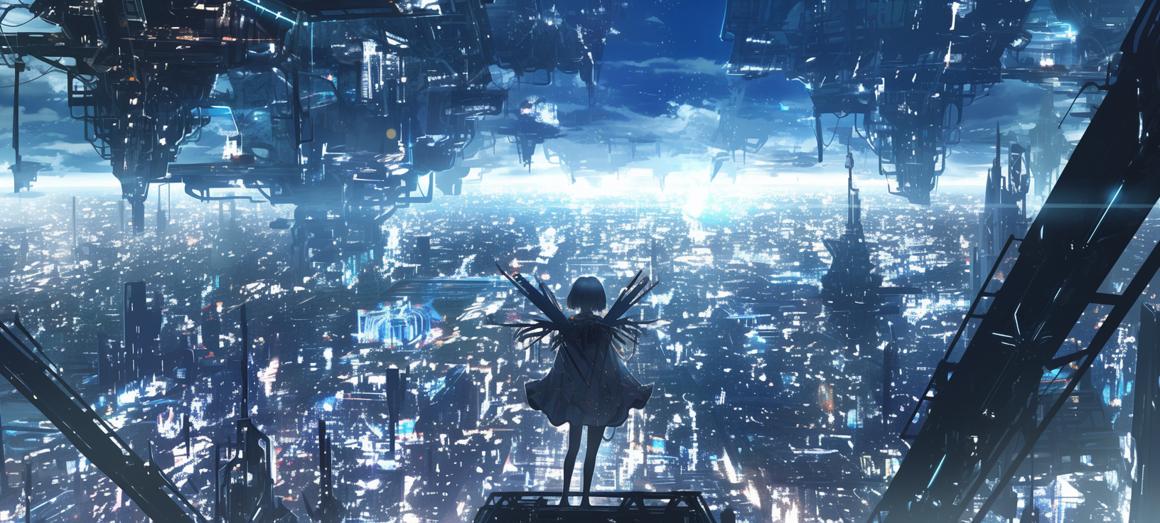 Angel-like girl with mechanical wings flies over dystopian city.