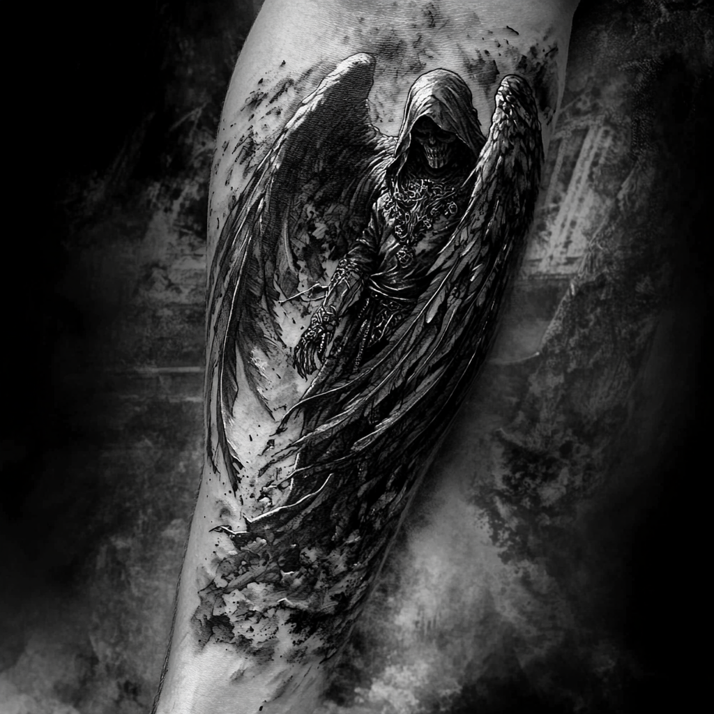 Angel of Death tattoo: male figure with dark wings, scythe.