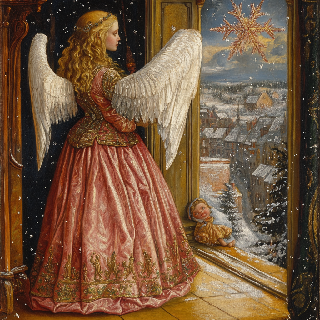 Angel watching child sleep through snowy window