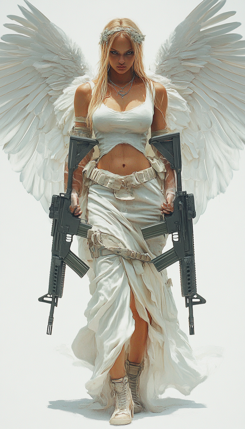 Angel with two ak-47s in vivid detail.