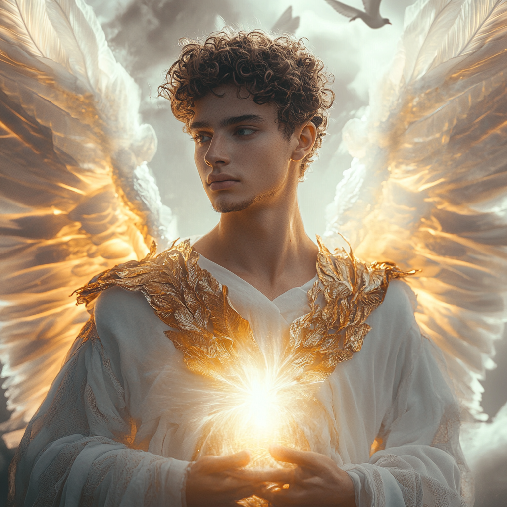 Angel with white wings, youthful face, celestial background