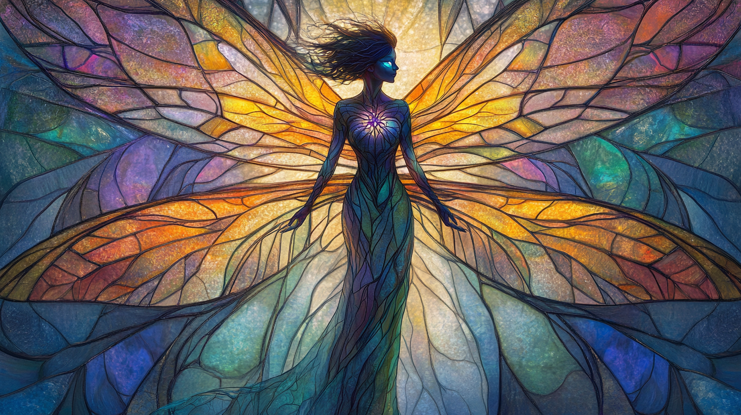 Angelic Witch in Dragonfly Stained Glass Pattern