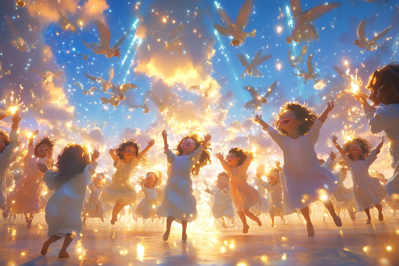 Angels in sky sending light to dancing children.