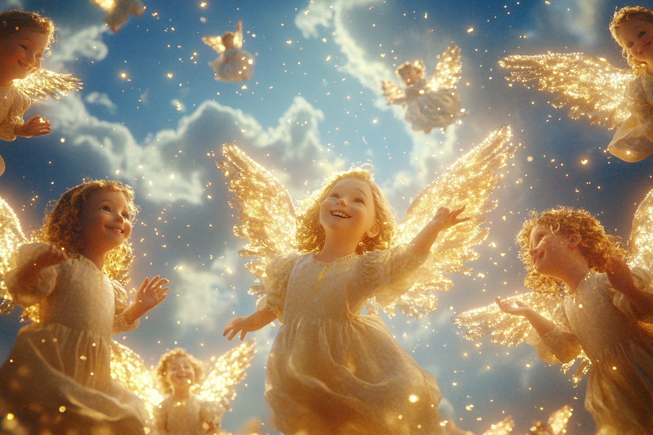 Angels in sky sending light to joyful children dancing.