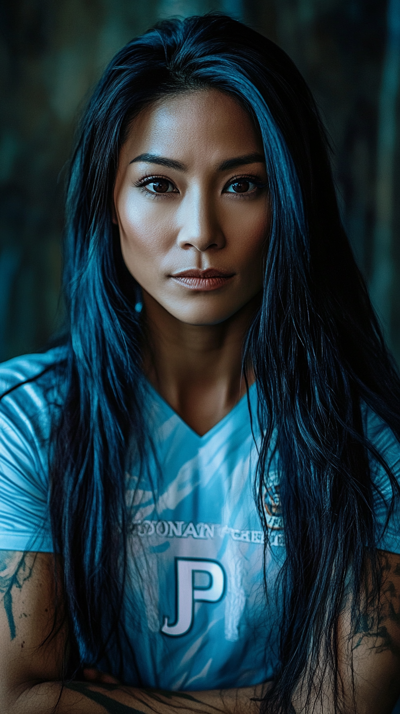 Anggun in Marseille jersey holding 'Je t'aime JP' sign