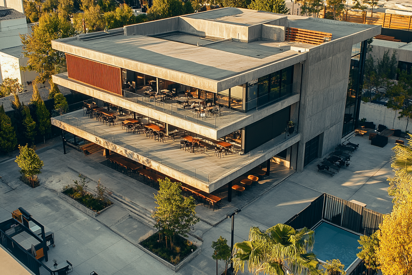 Angled view of modern concrete building with flat roof.