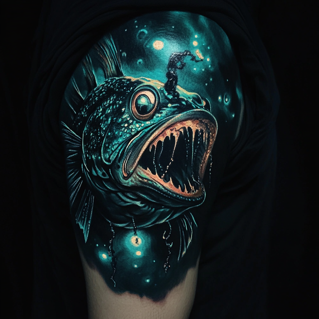 Angler fish in ocean with glowing lure.