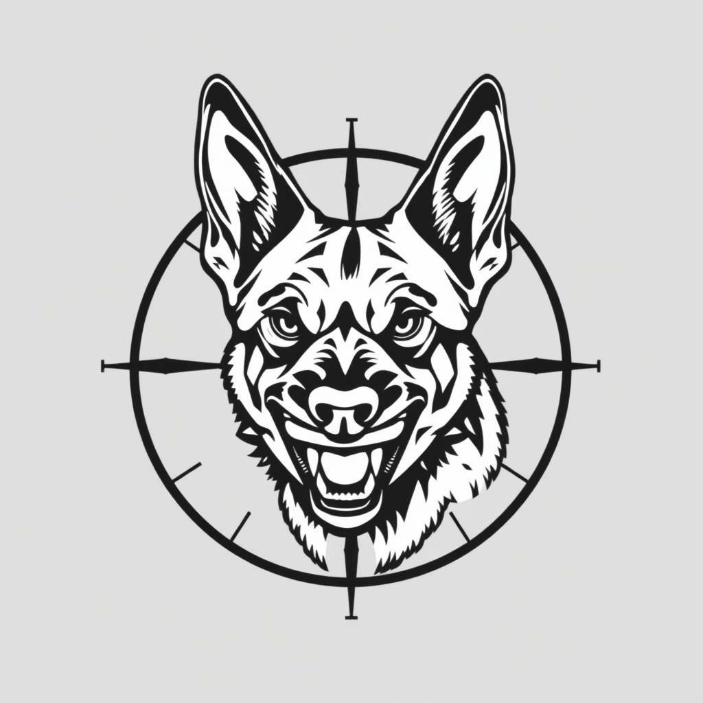 Angry Belgian Malinois Head in Scope Crosshairs Logo