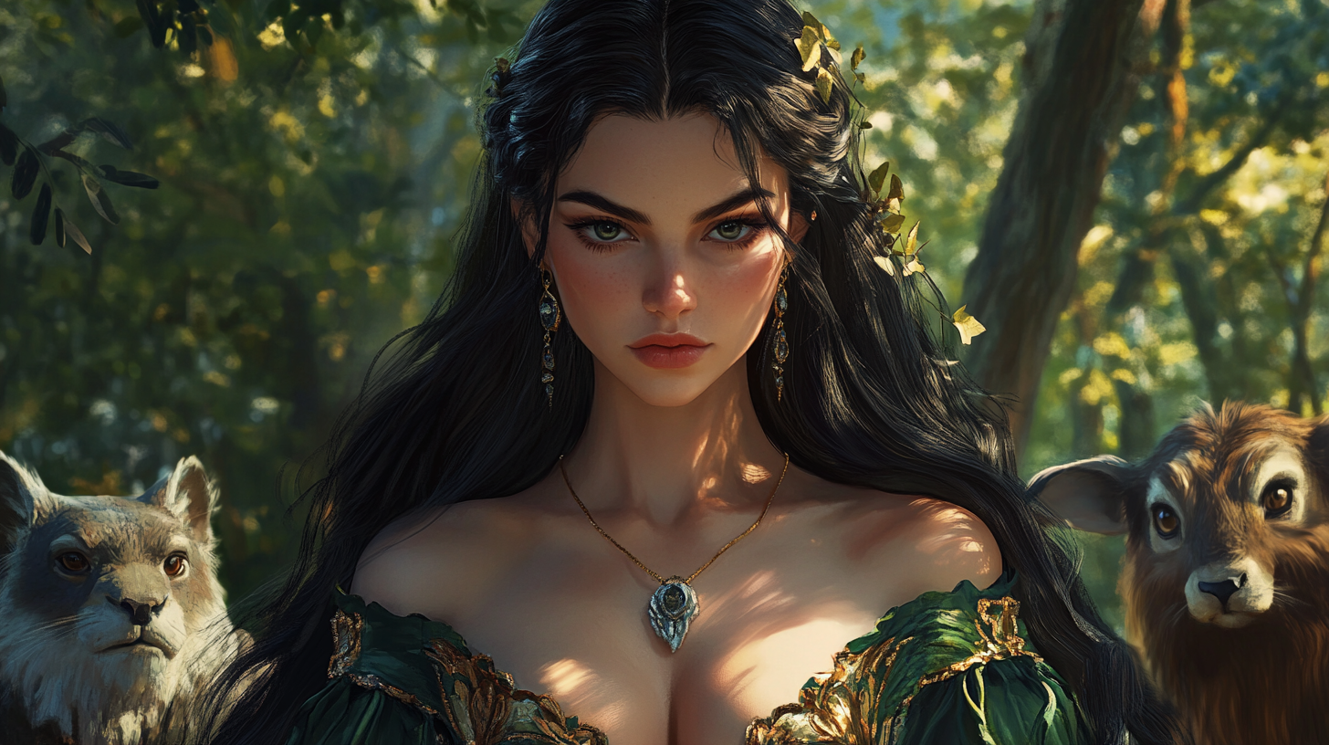 Angry Forest Princess with Animals in Realistic Portrait