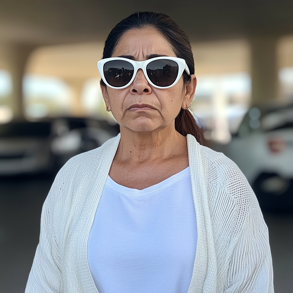 Angry Hispanic woman with white sunglasses in parking lot.