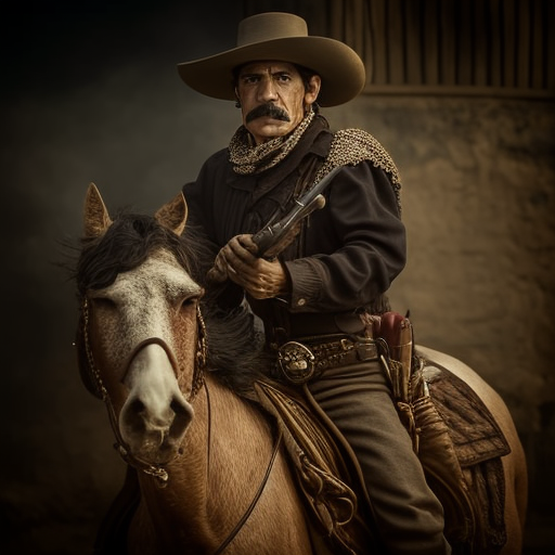 Angry Mexican cowboy in 1800's with shotgun and pistol.