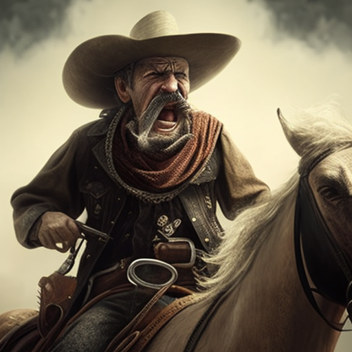 Angry Mexican cowboy with shotgun, pistol on horseback.