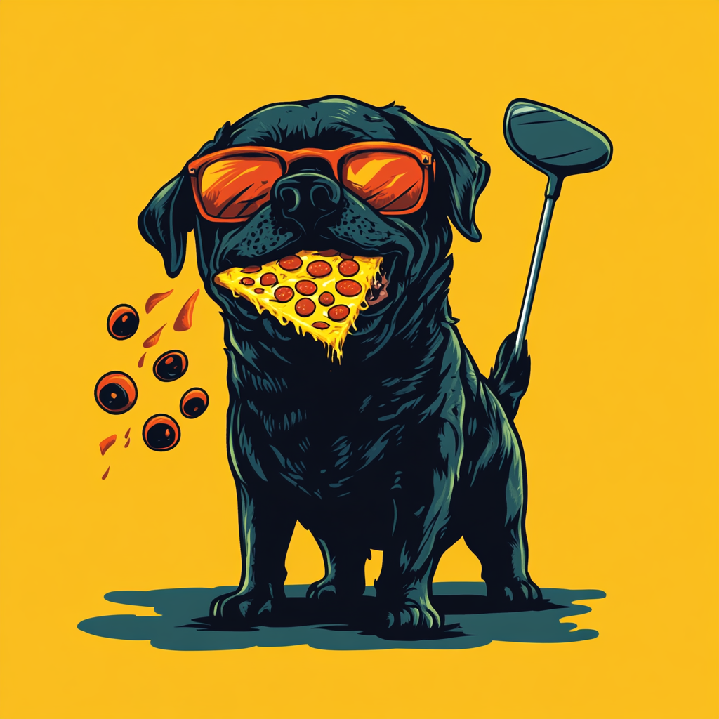 Angry black Labrador Retriever playing golf eats pizza.