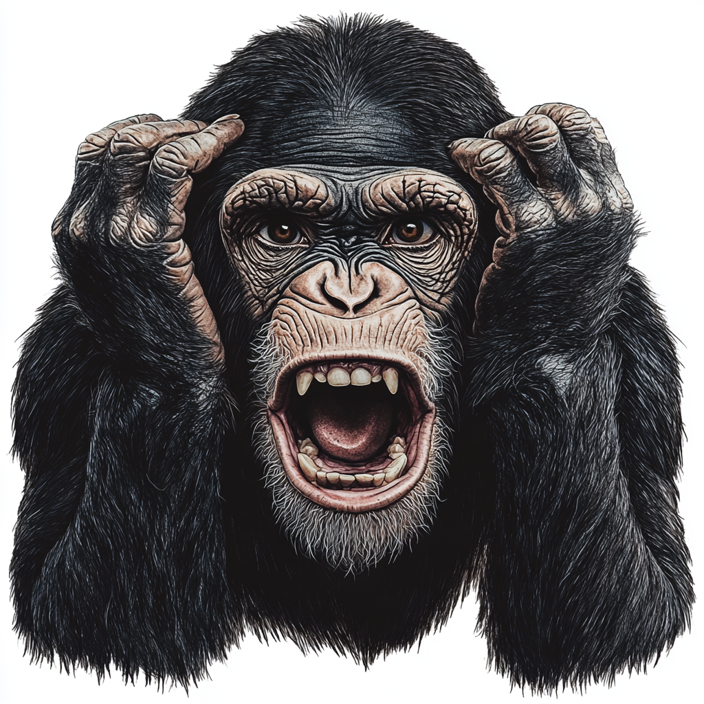 Angry chimpanzee with hands covering ears, realistic lighting.