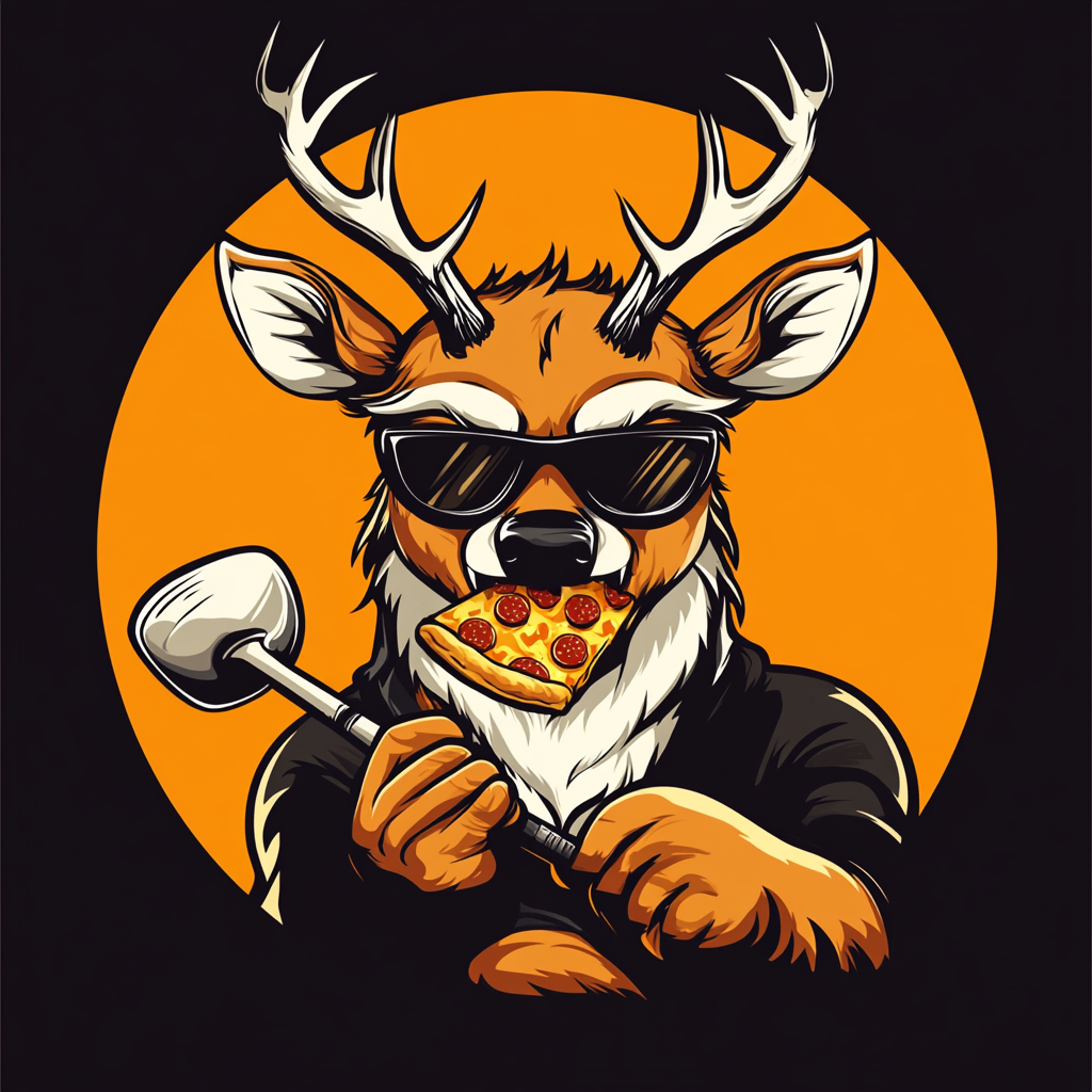 Angry deer eating pizza with broken golf club.