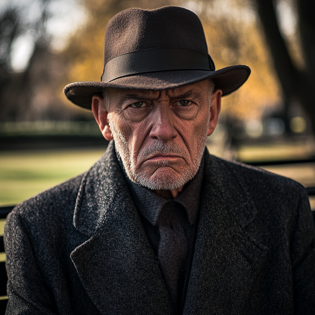 Angry elderly man waiting in park bench rendezvous.