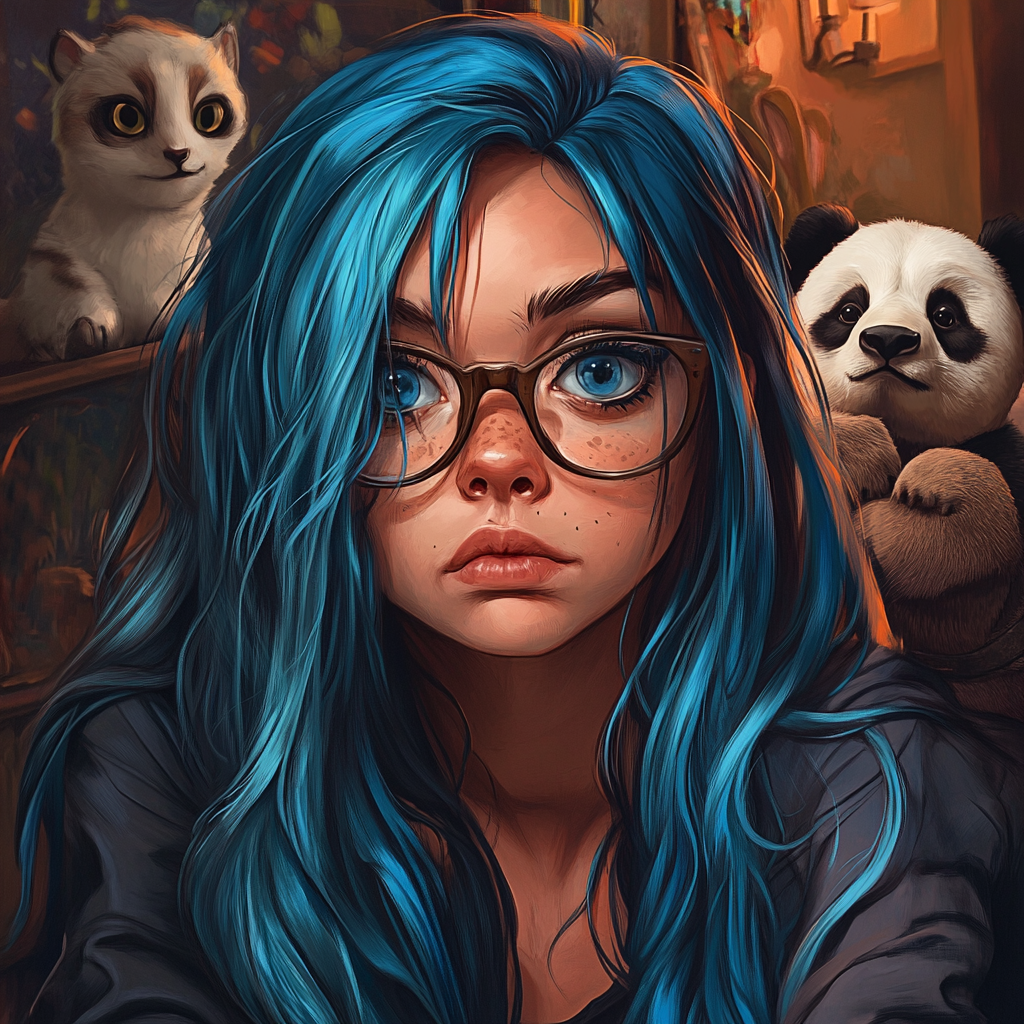 Angry female cat with blue long hair, wears glasses.