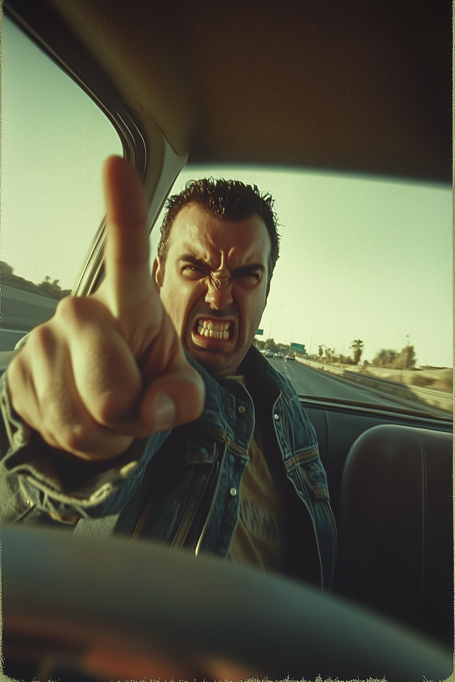 Angry man in road rage on highway.