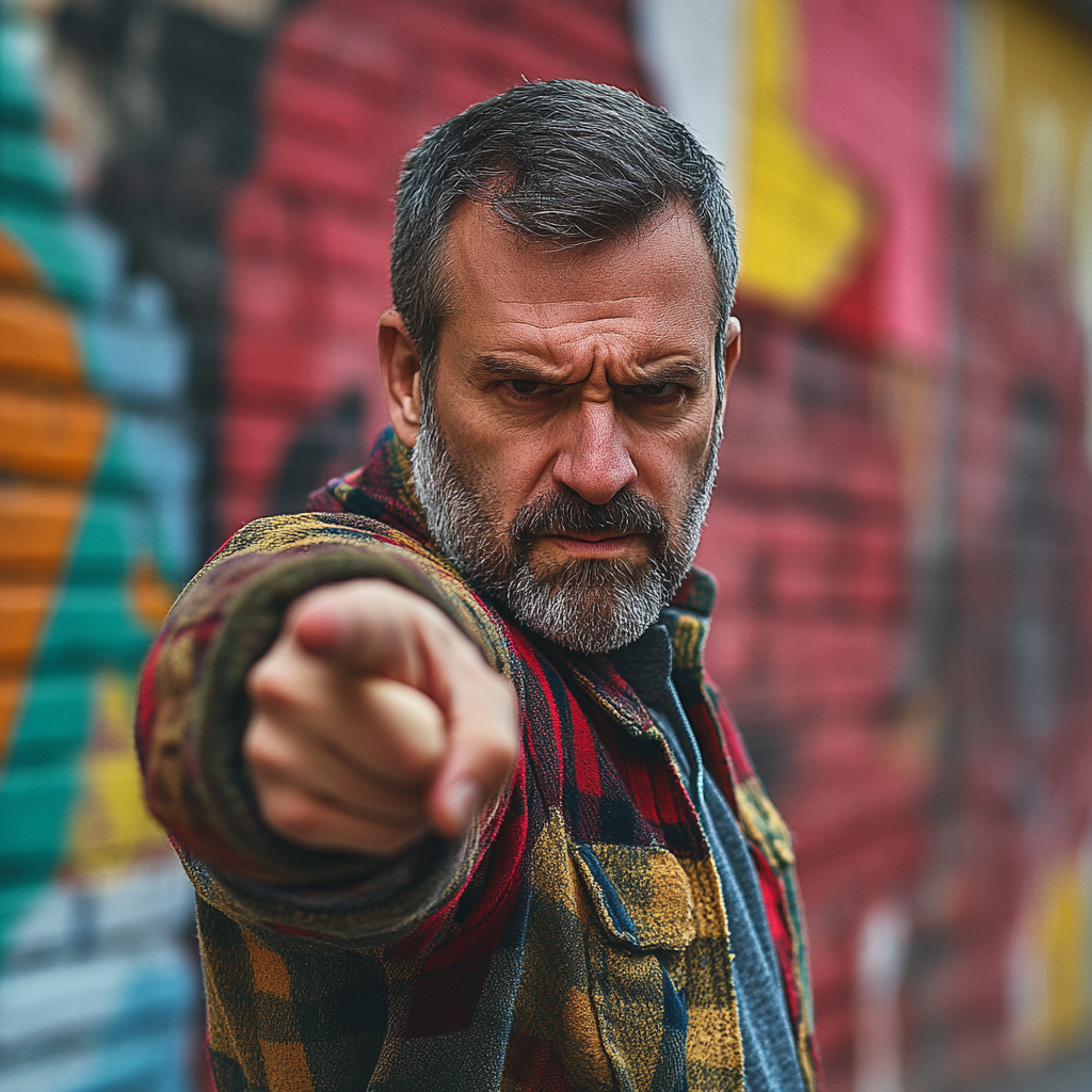 Angry man pointing finger, 1990s style, 30mm lens, 16:9