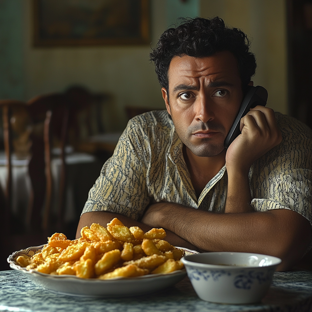 Angry man talking on phone about cold fries