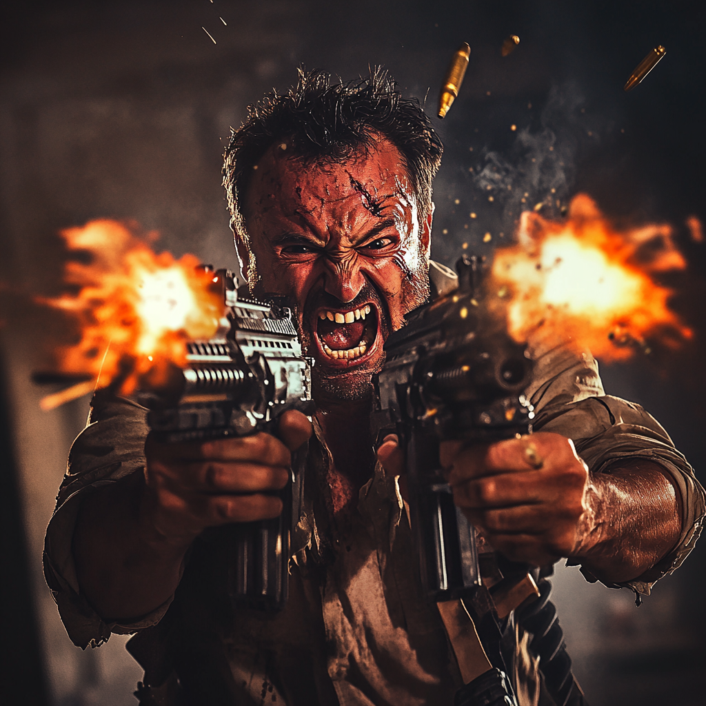 Angry man with guns screaming at camera.