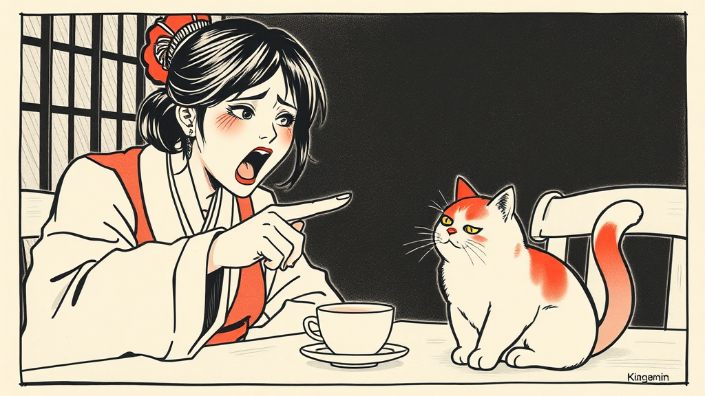 Angry woman scolds cat in traditional Japanese art.