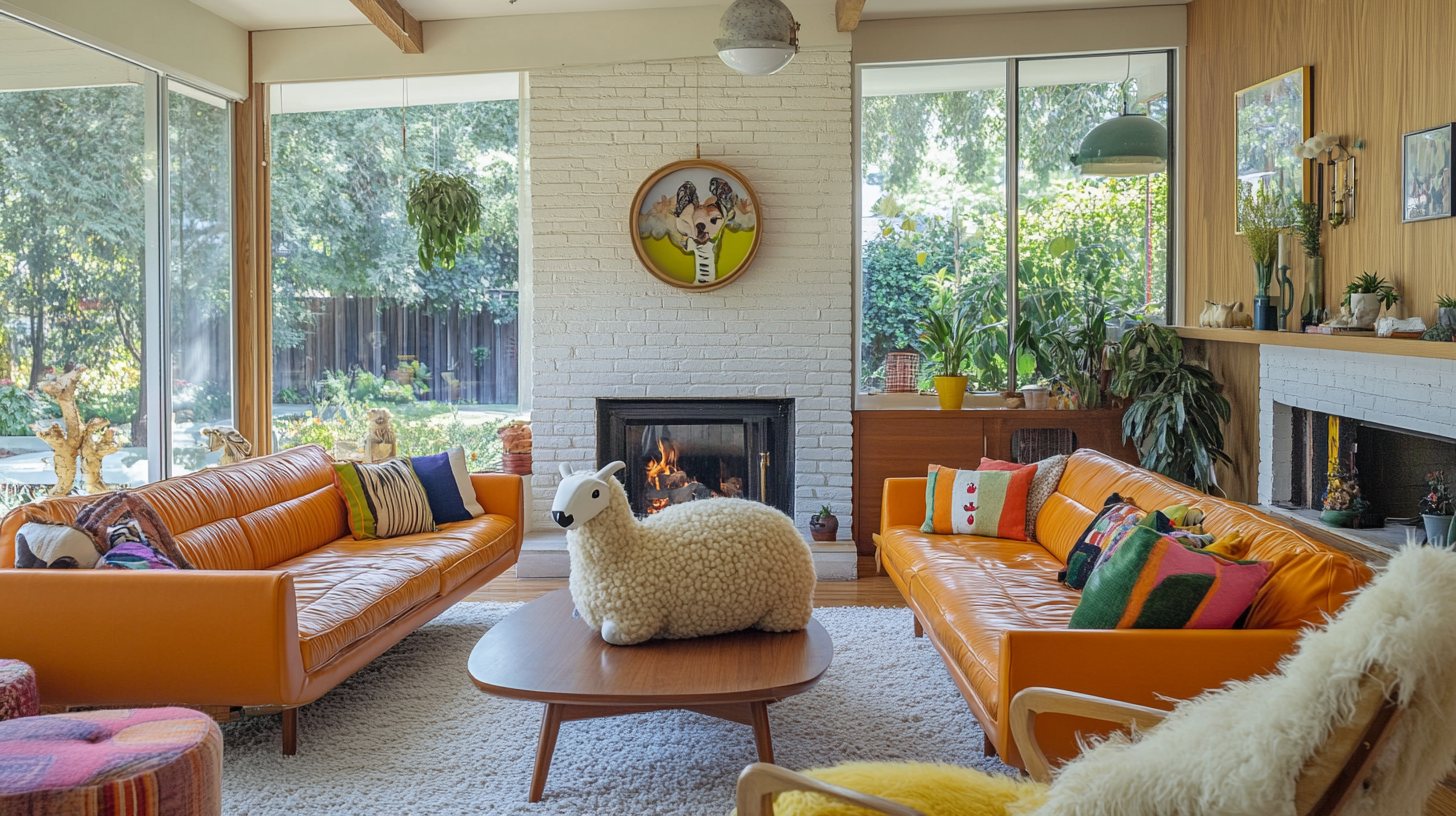 Animal-inspired living room with sheep-shaped sofa, orange leather couches.