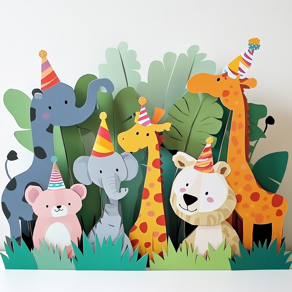 Animal party scene with party hats, horns, birthday signs.