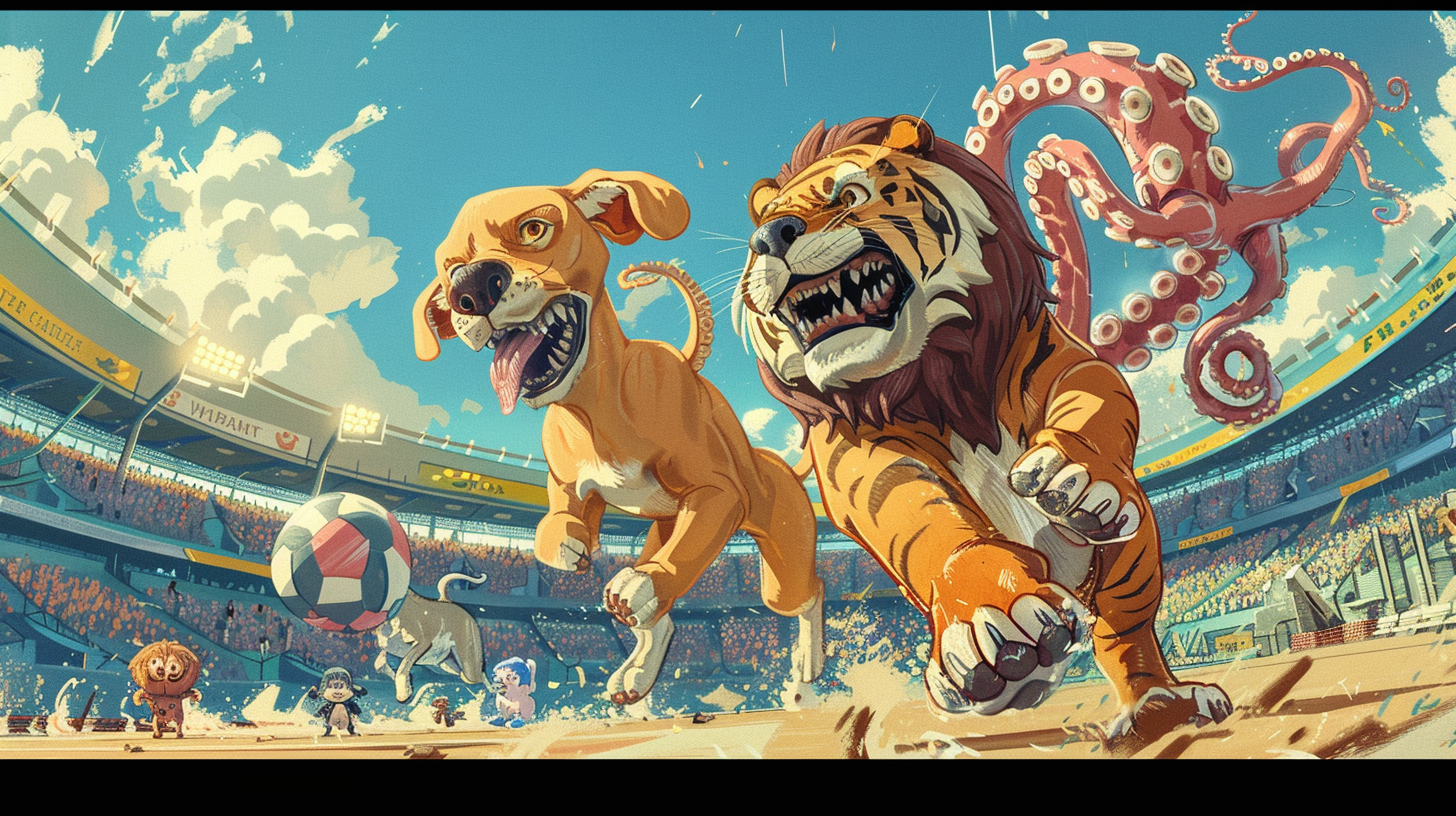 Animals Exercising Fun at Colorful Stadium