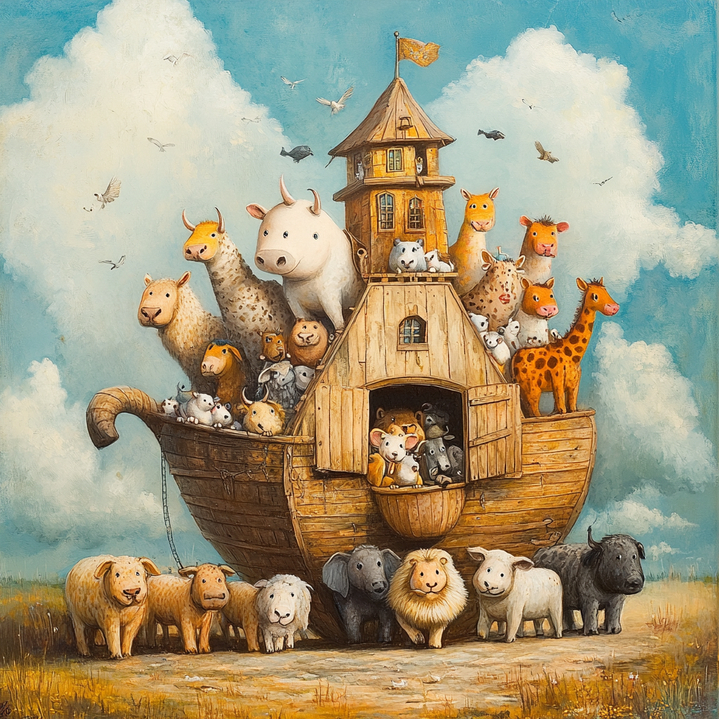 Animals boarding Noah's ark on land