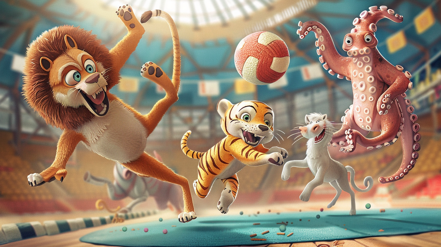 Animals exercising together in colorful stadium.