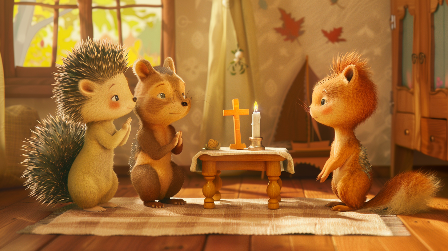 Animals praying to Jesus in cozy home scene.