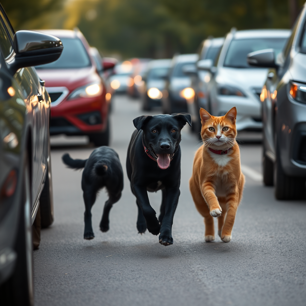 Animals run in street between cars.