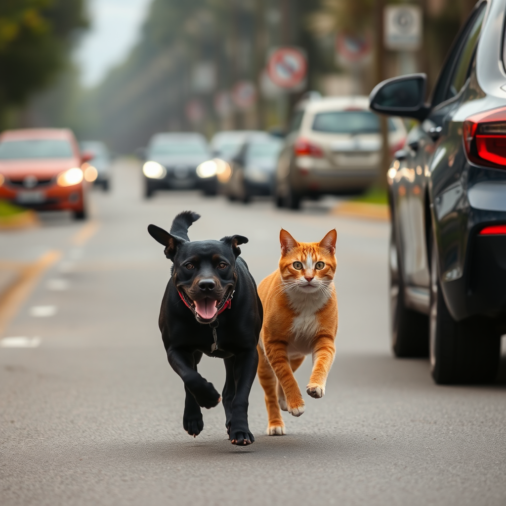 Animals run together. Black dog and red cat.