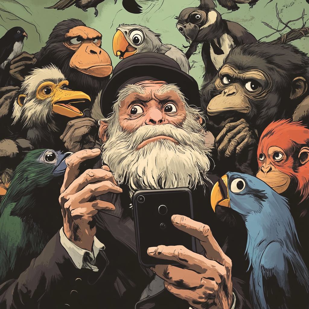 Animals taking silly selfie with puzzled Darwin watching.